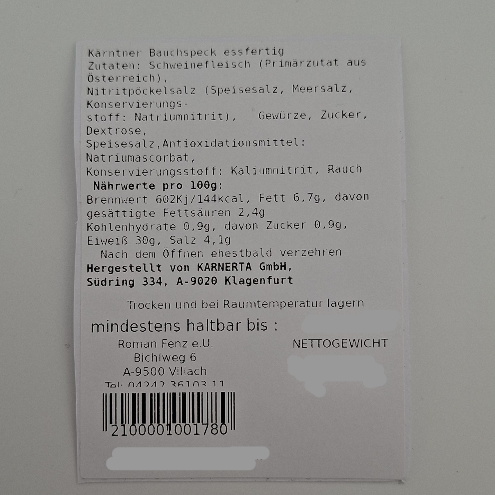 Kärntner Bauchspeck geräuchert – verschiedene Größen – Originaletikett